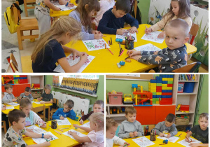 Kolaż trzech zdjęć w trakcie pracy plastycznej w grupie Zuchy w Dniu Drzewa.