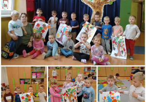 Dzień Drzewa w grupie Kamyczki - dzieci prezentują swoje prace w małych grupach oraz na tle dekoracji na korytarzu przedszkolnym.