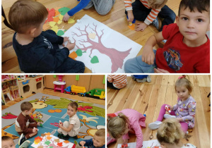 Dzieci z grupy Kamyczki przykleją kolorowe jesienne liście na drzewie.