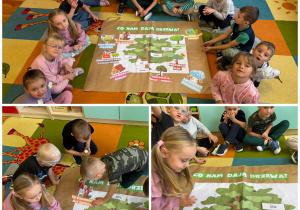 Zajęcia warsztatowe w grupie Promyczki - dzieci wykonują prace grupową, w czasie której poznają budowę drzew oraz ich znaczenie dla przyrody i człowieka.