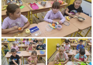 Uczniowie przygotowują produkty do sałatki.