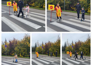 Kolaż zdjęć przedstawiających uczniów klas 1-3 przeprowadzających hulajnogę po psach pod czujnym okiem policjanta.