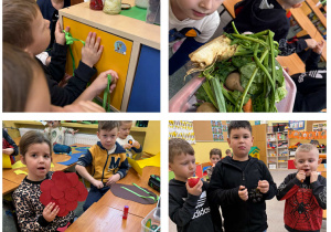 Kolaż zdjęć dzieci z selerem, owocami oraz z syropem z malin i cebuli.