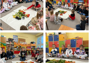 Kolaż zdjęć dzieci podczas zajęć na temat owoców i warzyw.