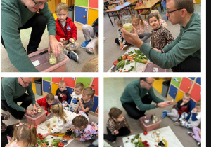 Pan Krzysztof tłumaczy dzieciom jak zrobić syropy oraz tłumaczy co oznaczają poszczególne warstwy cebuli.