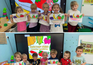 Dzieci z grupy Szkraby prezentują owoce wyklejone plasteliną na tle napisu Światowy Dzień Owoców i Warzyw.