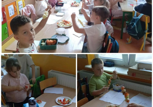 Kolaż trzech zdjęć, na których przedszkolaki z grupy Skoczki robią owocowe szaszłyki.