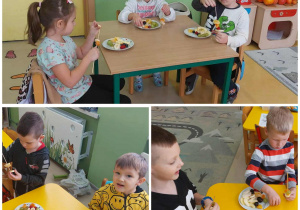Kolaż zdjęć dzieci z grupy Zuchy w czasie wbijania owoców na patyczek do szaszłyków.