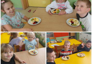 Dzieci z grupy Zuchy prezentują owocowe talerze.