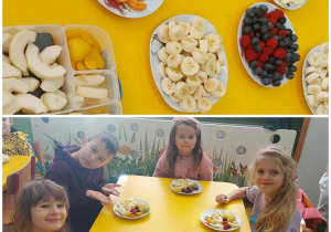 Kolaż dwóch zdjęć z grupy Zuchy: pierwsze prezentuje owoce kompozycje na talerzach, na drugim: dzieci zachęcają do jedzenia owoców każdego dnia.