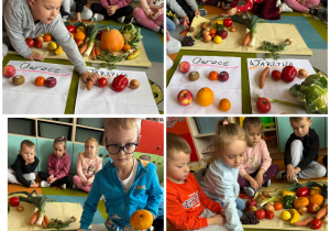 Dzieci z grupy 4-5latków w trakcie zabawy tematycznej - segregacja darów jesieni na owoce i warzywa.