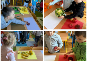 Dzieci z grupy Promyczki segregują owoce i warzywa według kolorów - praca w dwóch grupach.