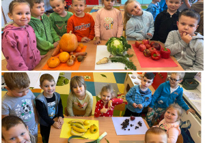 Dzieci w dwóch grupach prezentują wykonane zadanie - kodowanie owoców i warzyw według koloru.