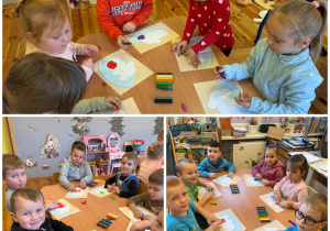 Kolaż zdjęć dzieci z grupy Promyczki w czasie warsztatów technicznych - wyklejanie owoców i warzyw plastelina.