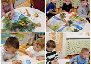 Dzieci z grupy Kamyczki w trakcie pracy technicznej wykonują "zwierzaki cudaki" z warzyw i owoców.