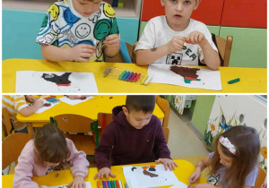 Przedszkolaki z grupy Zuchy przy stoliku ugniatają plastelinę po czym rozprowadzają palcami po konturze kundelka.