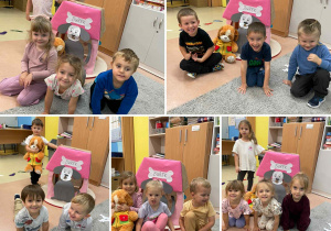 Kolaż pięciu zdjęć przedszkolaków z grupy Szkraby w Dniu Kundelka z Burkiem - czworonożnym przyjacielem grupy.