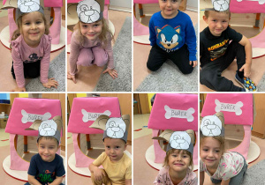 Kolaż zdjęć z zabawy tematycznej w grupie Szkraby w Dniu Kundelka, dzieci mają na głowach opaski z pieskiem.