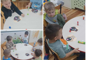 Przedszkolaki z grupy Kamyczki robią maskę pieska z papieru.