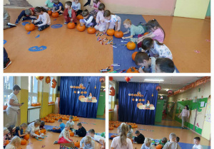 Kolaż- Dzieci z grup Zuchy i Skoczki ozdabiają swoje dynie.