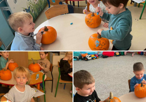 Kolaż trzech zdjęć- dzieci z grupy Szkraby ozdabiają dynie.