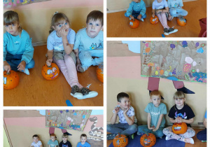 Kolaż- dzieci prezentują swoje dynie.