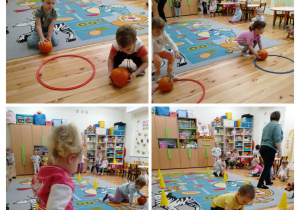 Kolaż - Zabawy sportowe dzieci z udziałem dyni.