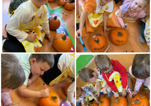 Kolaż czterech zdjęć- Promyczki w trakcie warsztatów malowania dyni.