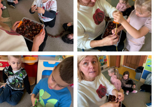 Pani Beta nawleka z dziećmi kasztanowe koraliki na sznurek.