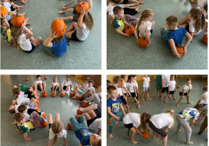 Kolaż zdjęć z zajęć ruchowych z dyniami.