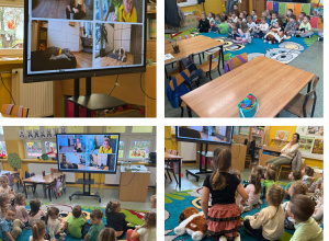 Kolaż zdjęć dzieci z Słoneczek i Żabek podczas spotkania z pieskami w dzień kundelka.