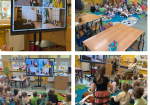 Kolaż zdjęć dzieci z Słoneczek i Żabek podczas spotkania z pieskami w dzień kundelka.