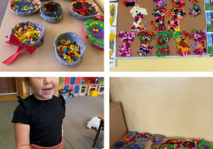 Prace dzieci wykonane podczas Dnia Kundelka, gliniane miski na wodę i praca plastyczno- techniczna pieski wyklejone bibułą.