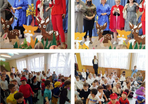 Kolaż zdjęć Pani Dyrektor zadaje dzieciom pytania dotyczące bajki a one odpowiadają.