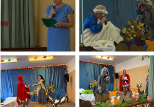 Kolaż zdjęć z przedstawienia z okazji Dnia Postaci z Bajek.