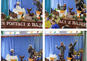 Kolaż zdjęć Wilk rozmawia z babcią oraz z leśniczym.