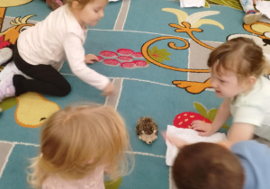 Zabawa dywanowa w grupie Kamyczki "Spaceruje jeż".