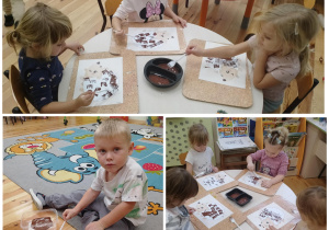 Warsztaty techniczno-plastyczne w grupie Kamyczki - dzieci za pomocą plastikowych widelców malują jeża.