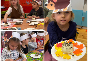 Warsztaty techniczne w grupie Promyczki - dzieci lepią jeża z masy solnej, którego ozdabiają pestkami słonecznika, goździkami, ziarnami jałowca oraz papierowymi listkami.