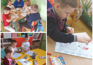 Kolaż zdjęć dzieci z grupy Zuchy, na których wyklejają jeża plasteliną.