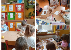 Dzieci z grupy Skoczki wykonują jeża z ziemianka i nasion.