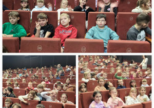 Uczniowie na sali kinowej w dobrych humorach oczekują na przedstawienie.