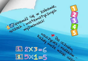Plakat szkolny z okazji Dnia Tabliczki Mnożenia. Niebieskie tło, sowa w birecie oraz kolorowe liczby i działania.
