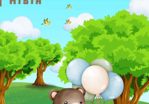 Plakat Dnia Pluszowego Misia z uroczym misiem trzymającym pastelowe baloniki. Tło przedstawia słoneczne niebo, chmurki, ptaki i zielony krajobraz z kwiatami.