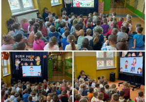 Kolaż trzech zdjęć w trakcie oglądania prezentacji multimedialnej o prawach i obowiązkach dziecka przez wszystkie grupy przedszkolne.