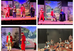 Kolaż- przedszkolaki w oczekiwaniu na spektakl oraz występy aktorów na scenie.