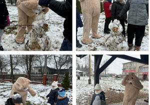 Miś z dziećmi lepi bałwana.