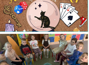 Napis Andrzejki i dzieci przedszkolne siedzące w kole.