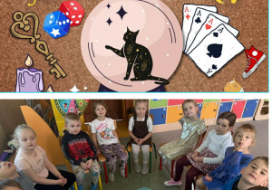 Napis Andrzejki i dzieci przedszkolne siedzące w kole.