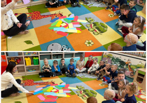 Zabawa dywanowa w grupie Promyczki „Przyszły kredki do przedszkola w jakich są kolorach?”